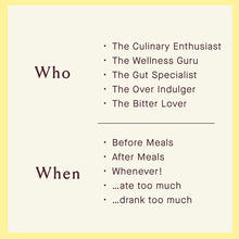 Text on cream background listing "Who" (The Culinary Enthusiast, Wellness Guru, Gut Specialist, Over Indulger, Bitter Lover)