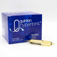 Blue box of Quinton Hypertonic ampoules with two glass vials filled with clear yellow liquid displayed in front.