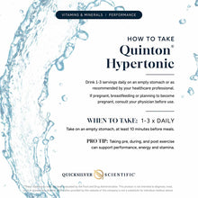 Instructions for use page for Quinton Hypertonic supplement by Quicksilver Scientific with water splash background.
