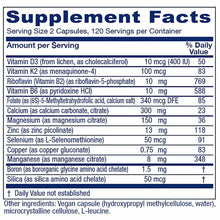 A Supplement Facts label lists a serving of two capsules with vitamins and minerals including D3, K2, calcium, magnesium, zinc, boron, and silica.
