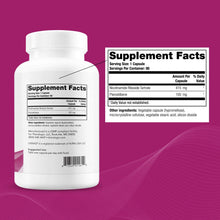 White supplement bottle with white cap on magenta background, showing label with supplement facts and ingredient information.