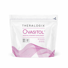 White pouch of Theralogix Ovasitol inositol powder supplement containing 180 packets with pink wave design and certification