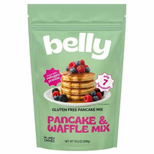 A green stand-up pouch of Belly gluten free pancake and waffle mix shows a stack of pancakes topped with berries.