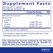 Supplement Facts label for pancreatic enzyme formula showing serving size, ingredient amounts, and FDA disclaimer.