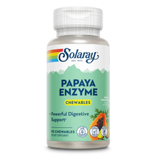 Solaray Papaya Enzyme chewable tablets bottle with green label and papaya fruit imagery, 90 count.