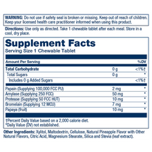 Supplement Facts label for Solaray Papaya Enzyme chewable tablets showing serving size, carbohydrates, enzymes, and ingredien