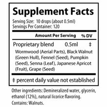 Supplement Facts label for PARA:HERB 2 oz liquid showing serving size of 10 drops, proprietary herbal blend ingredients, and