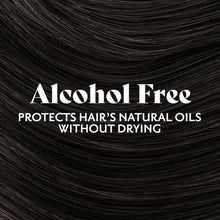 Dark black hair with text overlay stating "Alcohol Free" and product benefits.