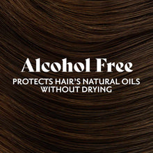 Dark brown hair with text stating "Alcohol Free" and "Protects Hair's Natural Oils Without Drying."