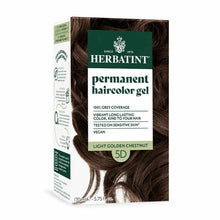 Herbatint permanent haircolor gel box in Light Golden Chestnut 5D shade with brown hair swatch.