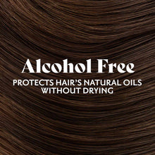 Close-up of dark brown hair with text overlay stating "Alcohol Free" and "Protects Hair's Natural Oils Without Drying".