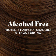 Shiny dark brown hair with text overlay stating "Alcohol Free" and "Protects Hair's Natural Oils Without Drying".