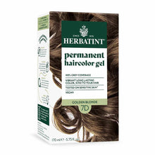 Herbatint permanent haircolor gel box in Golden Blonde 7D shade with brown hair swatch display.