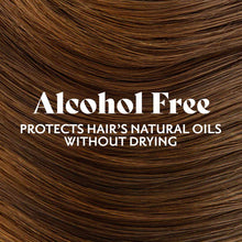 Close-up of shiny brown hair with wavy texture and text overlay stating "Alcohol Free" and product benefits.