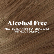 Close-up of medium brown hair with text overlay stating "Alcohol Free" and "Protects Hair's Natural Oils Without Drying."