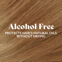Close-up of medium brown hair strands with text overlay stating "Alcohol Free" and product benefits.