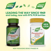 Two Nature's Way Phosphatidyl-Serine bottles: dark green older packaging and white newer packaging, both labeled 100 mg per s
