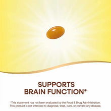 Brown oval softgel capsule on yellow and white background with text stating "Supports Brain Function."