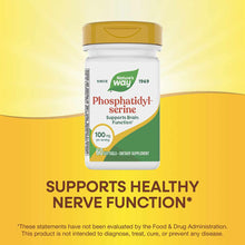 Nature's Way Phosphatidyl-serine 100mg softgel supplement bottle with gold cap on yellow background.