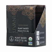Truvani Plant Based Protein chocolate powder box with 10 individual sachets, featuring USDA organic and Non-GMO verified cert