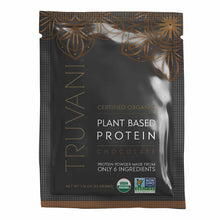 Truvani certified organic plant-based protein powder packet in chocolate flavor with gold and black packaging design.