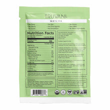Truvani matcha protein powder packet with nutrition facts, ingredients list, and certification badges on green background.