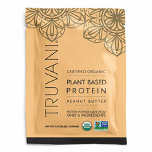 Truvani certified organic plant-based protein powder packet in peanut butter flavor with decorative mandala design on tan bac