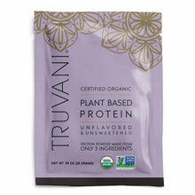 Truvani certified organic plant-based protein powder packet, unflavored and unsweetened, net weight 0.99 oz.