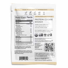 Truvani plant-based protein packet with nutrition facts, ingredients list, and protein cookie dough recipe instructions on wh