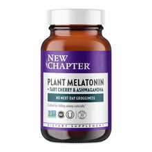 New Chapter Plant Melatonin supplement bottle with purple label containing tart cherry and ashwagandha, white cap, amber glas