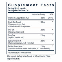 Supplement Facts label showing 2 capsule serving size with Vitamin B6, Chaste Tree Extract, Wild Yam, Dong Quai, Bupleurum Ex