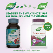Two bottles of Nature's Way Pomegranate Premium Extract 350 mg supplement with vegan capsules displayed side by side.