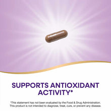 Brown capsule supplement against purple and white background with gold accent line.