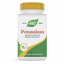 Nature's Way Potassium supplement bottle with gold cap, 100 capsules, 85 mg per serving.