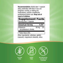 Potassium supplement label showing dosage, supplement facts with 85mg potassium per capsule, and icons for gluten free, dairy