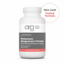 White bottle of Allergy Research Group Potassium Magnesium Citrate with gray and coral label containing 240 vegetarian capsul