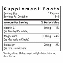 Supplement Facts label showing serving size of 1 capsule with 240 servings per container, listing Vitamin C, Magnesium Citrat