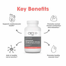 White bottle of Potassium Magnesium Citrate dietary supplement with 240 vegetarian capsules by Allergy Research Group.