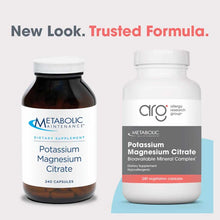 Two supplement bottles side by side: dark amber bottle labeled "Potassium Magnesium Citrate" and white bottle labeled "Potass