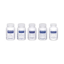 Five white Pure Encapsulations supplement bottles labeled ONE Omega, ONE Multivitamin, Calm Mind, ProbioMood, and Ashwagandha