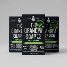 Three black boxes of Grandpa's Pine Tar Soap, each 3.25 oz, with green circular "Since 1878" badges and product text on front