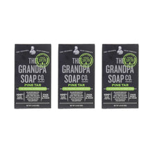 Three black boxes of Grandpa's Pine Tar Soap, 3.25 oz. each, with green and gray text and vintage branding.