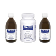 Three Pure Encapsulations supplement bottles: LiquiNutrients liquid, Junior Nutrients capsules, and EPA/DHA liquid.
