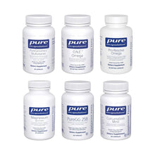 Six Pure Encapsulations dietary supplement bottles arranged in two rows, including PureGenomics Multivitamin, O.N.E. Omega, P