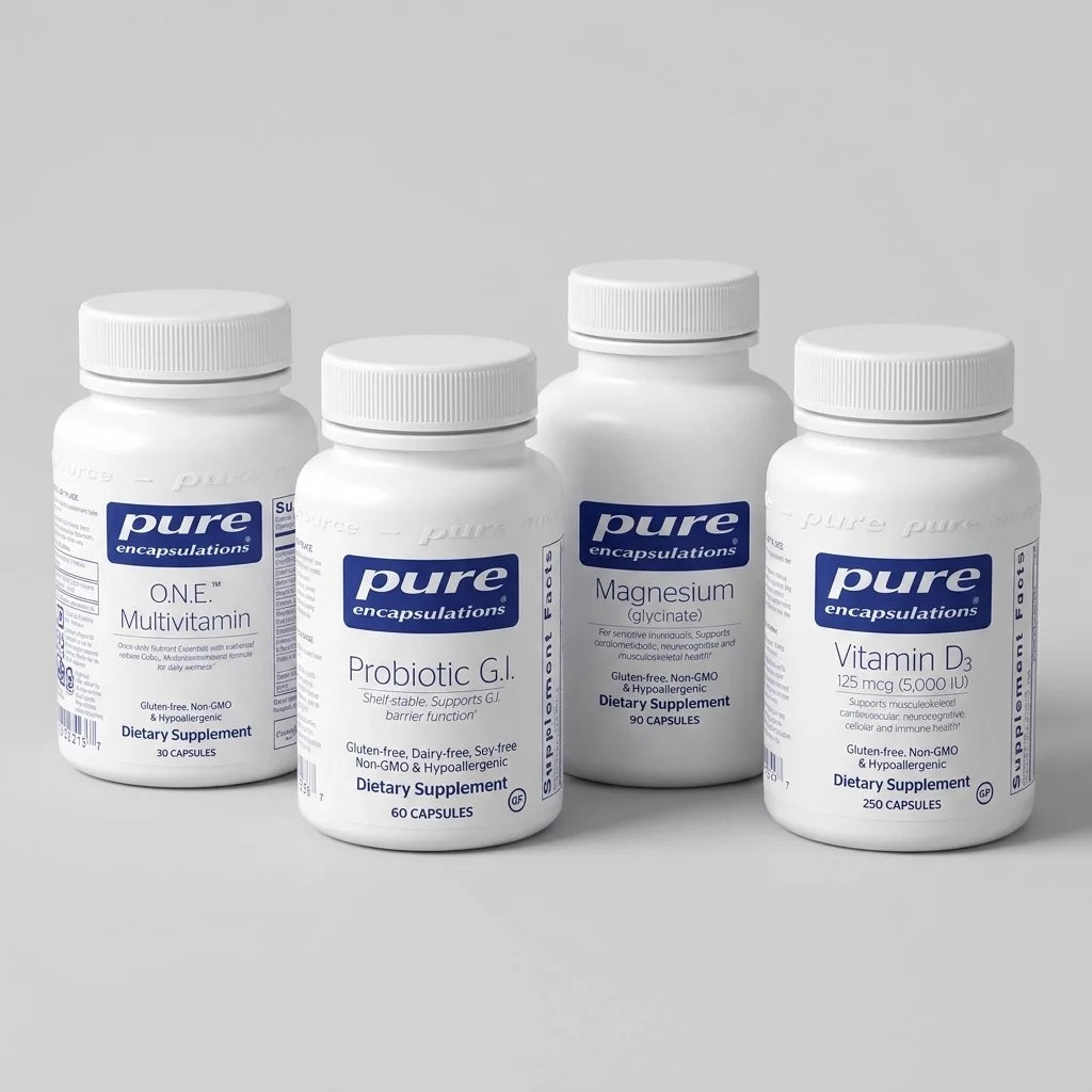 Four white supplement bottles with blue Pure Encapsulations labels containing multivitamin, probiotic, magnesium, and vitamin