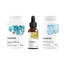 Three Thorne dietary supplements: Vitamin C 500 mg capsules, Vitamin D3 liquid dropper bottle, and Zinc Picolinate 30 mg caps