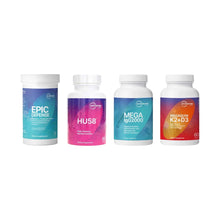 Four dietary supplement bottles: Epic Defense powder, HU58, Mega IgG2000, and Megaquin K2+D3.