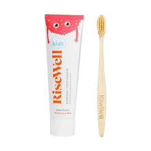 RiseWell kids toothpaste in Cake Batter flavor with wooden toothbrush, containing mineral toothpaste and fluoride.