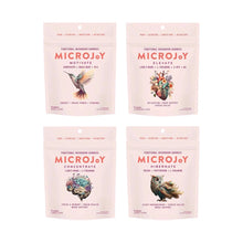 Four pink MicroJoy functional mushroom gummy pouches with illustrated hummingbird, heart, brain, and owl designs.
