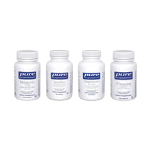 Four white supplement bottles labeled Melatonin, SeroPlus, Magnesium, and L-Theanine by Pure Encapsulations.